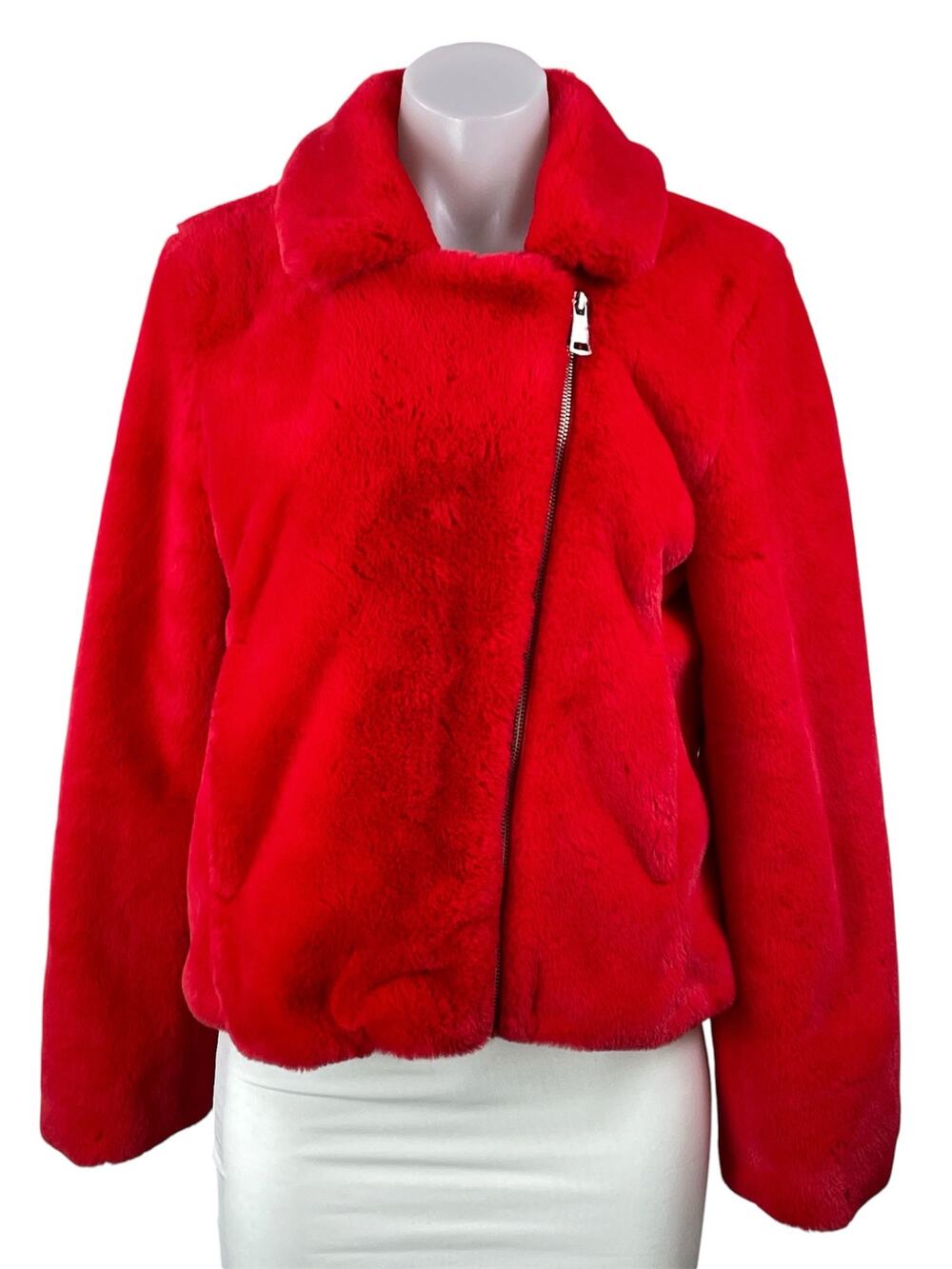 Bagatelle NYC Women's Red Faux Fur Fleece Asymmetric Zip Sweater Jacket Size M
